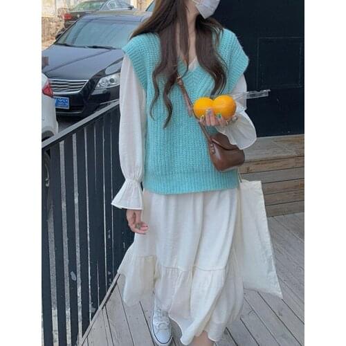 2021 Autumn Sweet Midi Dress 2 Piece Set Women Knitted Sweater Vest + Long Sleeve Elegant Y2k Dress Korean Fashion Party Dress