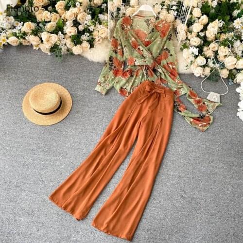 New Women Chiffon Two Piece Sets Spring Autumn Floral Printed V Neck Sexy Shirts and Pants Outfits Woman Beach Suits Clothing