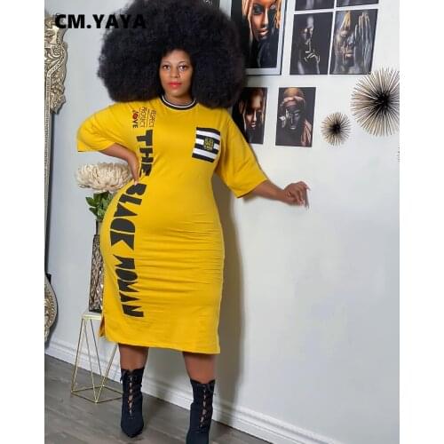 CM.YAYA Plus Size XL-5XL Women Letter African Style Midi Dress Fashin Basic Side Slit T-shirt Style Slim Dresses