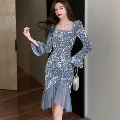 Sexy Square Collar Sequined Dress Mesh Stitching Mermaid Dress Ruffles Skirt Beaded Slim Bodycon Bandage Trumpet Sleeve Dress