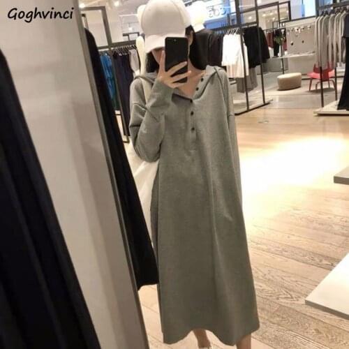 Long Sleeve Dress Women Casual Hooded Loose 2XL Chic Simple Solid Button Spring Autumn Womens Dresses Elegant Fashion Ulzzang BF