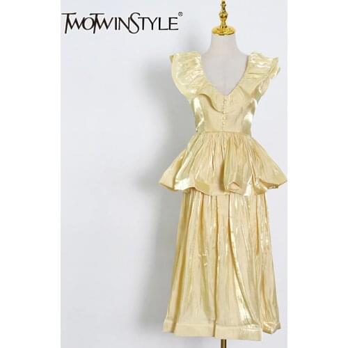 VGH Casual Pink Dress For Women V Neck Sleeveless High Waist Patchwork Ruffle Ruched Slim Midi Dresses Female New Summer Fashion