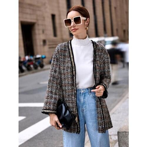 Plaid Tassel Woolen Coat Women Vintage Design Open Stitch V-Neck Long Sleeve Autumn Winter Jacket Elegant Coat