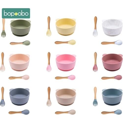 1Set Silicone Baby Feeding Bowl Set Baby Learning Panda Dishes Suction Bowl Set Wood Fork Spoon Non-Slip for Babies BPA Free