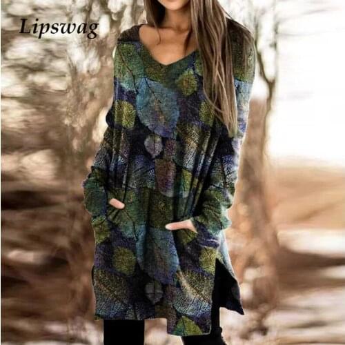 2021 Spring Elegant Women Knitted Dress Fashion Leaf Printed Long Sleeve Hem Split A-Line Dresses Ladies Casual O-Neck Vestidos