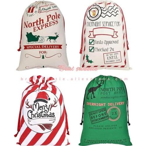 4pcs Large Santa Sacks Reindeer Patterns Canvas Christmas Stocking with Drawstrings Reusable 19.7 X 27.5 Inch Xmas Present Bag