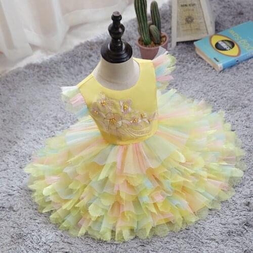 Elegant Infant baby girl birthday Party Layered Cake dress baptism christening wedding dress Lace Beaded Tulle tutu Dress