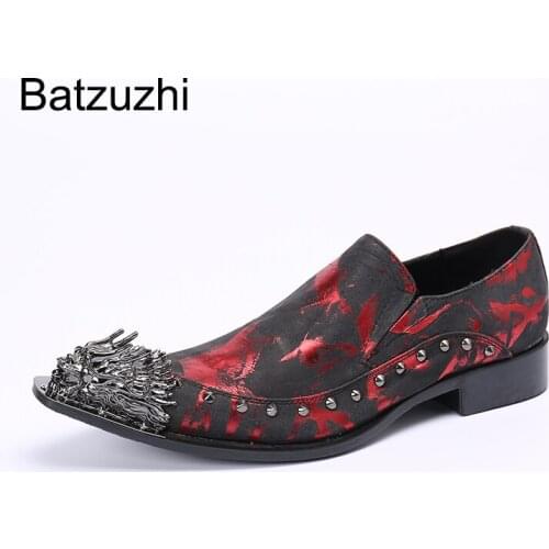 Batzuzhi Italian Leather Mens Dress Shoes Vintage Metal Pointed Toe Chaussure Homme Luxury Male Formal Party Flats Shoes,US6-12