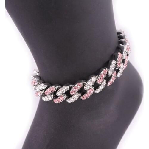 Cuban link anklets hip hop women chain foot legs jewelry 12mm cuban chain pink crystal rose gold silver color fashion iced out