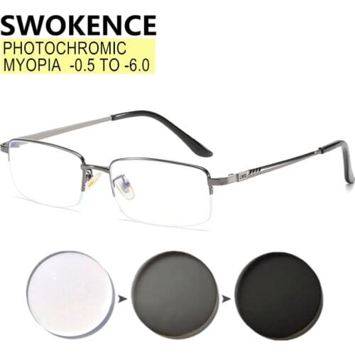 SWOKENCE Photochrom Myopia Glasses -0.5 to -6.0 Prescription Customizable Women Men Half Frame Chameleon Distance Glasses F048