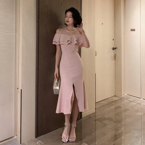 2021 Summers New Celebrity Sexy Off-the-shoulder Fishtail Mid-length Dress