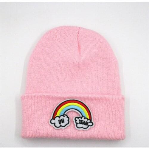 LDSLYJR Cotton Cartoon rainbow embroidery Thicken knitted hat winter warm hat Skullies cap beanie hat for men and women 16