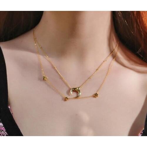 INS Jewelry Authentic 925 Sterling silver GOLD Moon Crescent /crystal Star Pendant station Layers Necklaces TLX497