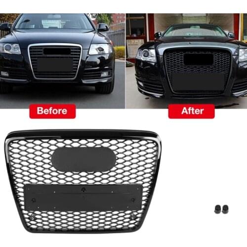 For RS6 Style Honeycomb grille Front Sport Hex Mesh Hood Grill Gloss Black for Audi A6 S6 C6 2005 2006 2007 2008 2009 2010 2011