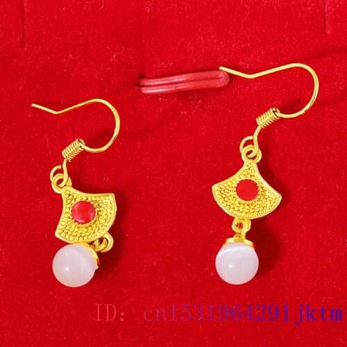 Jade Bead Earrings Zircon Jewelry Chalcedony Women White Crystal Gemstone Amulet Natural Gifts Fashion 925 Silver