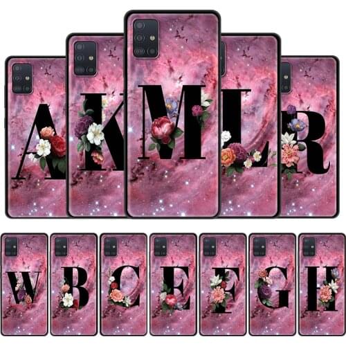 For Samsung Galaxy A51 A71 A21s A31 A12 A41 M31 M51 Phone Case A52 A32 A11 M30s A42 A01 Black Soft Cover Letter A B Flowers Pink