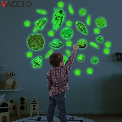 Vacclo Luminous Spaceship Astronaut Starry Sky Wall Stickers Cartoon Fluorescent Stickers Childrens Room Decoration Wallpaper