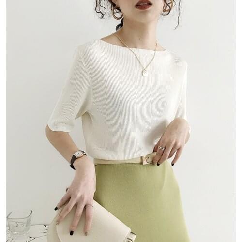 High Quality Ribbing Stretch Knitted Tee Tops Summer 2021 Korean Fashion Slash-Neck White Womens Tshirt Femme