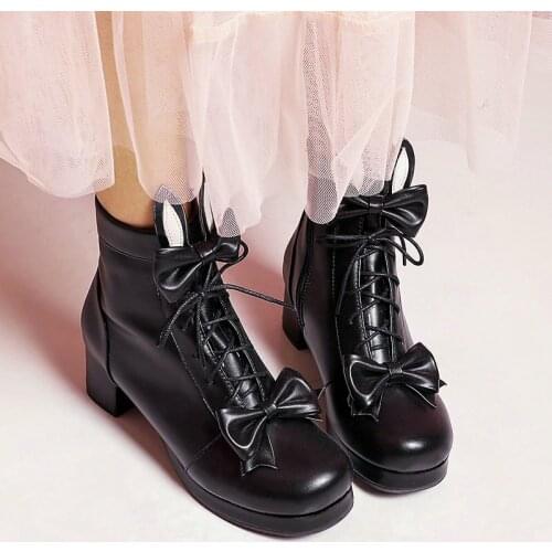 AGODOR 2020 Casual Lolita Boots Women Ankle Boots Lace Up All Match Square Mid Heel Winter Boots Rockabilly Shoes Size 34-45