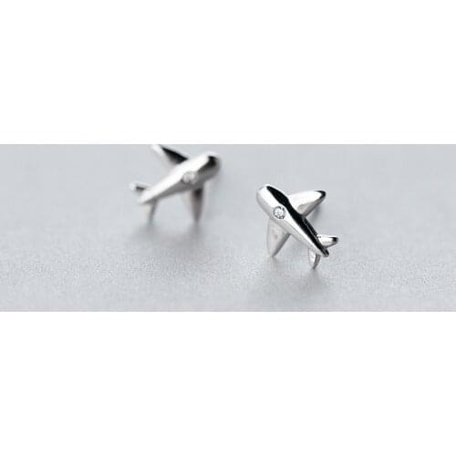 MloveAcc 925 Sterling Silver Aircraft Airplane Stud Earrings Women Plane Charm Earrings with Clear CZ Handmade Jewelry