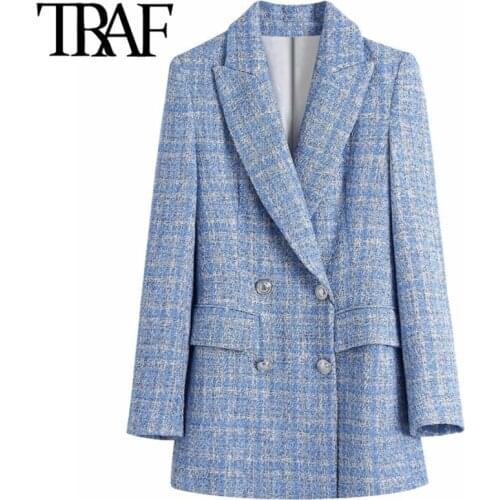 ZHENBAILI 2021 Official Suit Sequin Double Row Button V-Neck Jacket Long Sleeve Pocket Blue Women Suits Blazer Urban Outfits