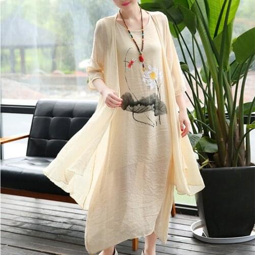 2021 New Fashion Two Piece Women Clothes Set Loose Tops Tank Dress Summer Set Cotton Linen Print Floral Casual Dress Set Suits