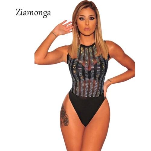 Ziamonga Sexy Mesh Bodysuit Women Summer O-Neck Bodycon Bandage Women Jumpsuit Bodysuit Party Club Wear Rompers For Women Tops