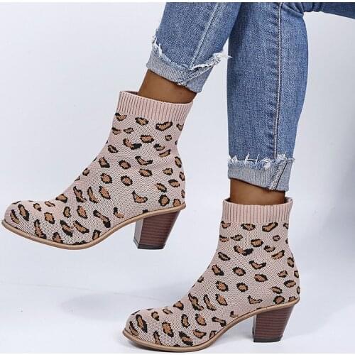 2021 Fashion Green Sock Boots Cotton Fabric Boots Square Heel for Women Shoes Spring Autumn Leopard Ankle Boots Booties Female