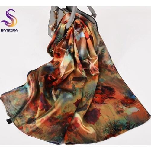 BYSIFA| Ladies Red Poppies Scarves Printed Fashion Elegant Satin Silk Long Scarf Shawl 2021 New Muslim Neck Head Scarves160*70cm