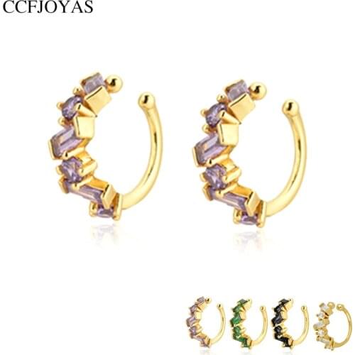 CCFJOYAS 1 pair Simple 925 Sterling Silver Zircon Clip on Earrings for Women White/Purple/Black/Green Gold color Clip Earrings