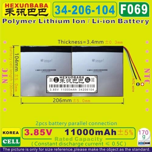 [F069] 3.85V,3.8V,3.7V 11000mAh [34206104] NTC; PLIB; polymer lithium ion / Li-ion battery for tablet pc,LAPTOP;e-book