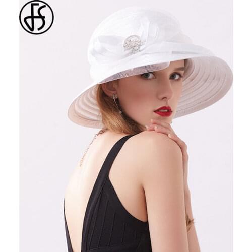FS White Fedora Hats For Women Elegant Sun Hats Church Kentucky Derby Organza Flowers Wide Brim Ladies Wedding