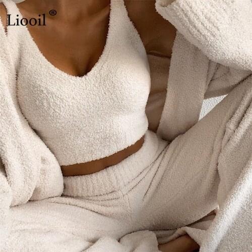 Liooil Sexy Two Piece Plush Sweater Set Short Tank Tops And Pants Sleeveless V Neck High Waist Women Club Outfits Matching Sets