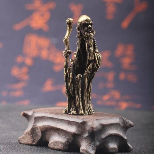 Brass Hollow Dharma Enlightenment Figurines Ornament Dharma Patriarch Handle Piece Antique Copper Buddha Statue Desk Figurines