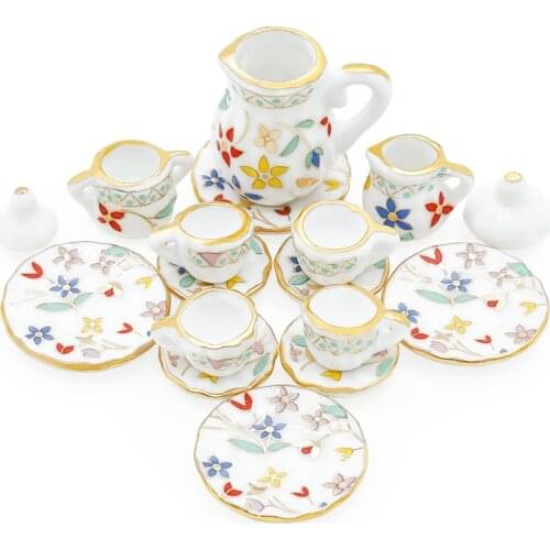Odoria 1:12 Miniature 15Pcs Porcelain Tea Cup Set Flowers Pattern Teapot Teaware Kitchen Dollhouse Accessories Doll House Decor