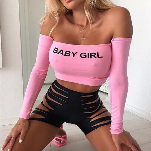 Fashion Sexy Spring Letter Off Shoulder Long Sleeve T-Shirts Slim Fit Women Crop Tops Chic Slash Neck Bodycon Tees Clubwear