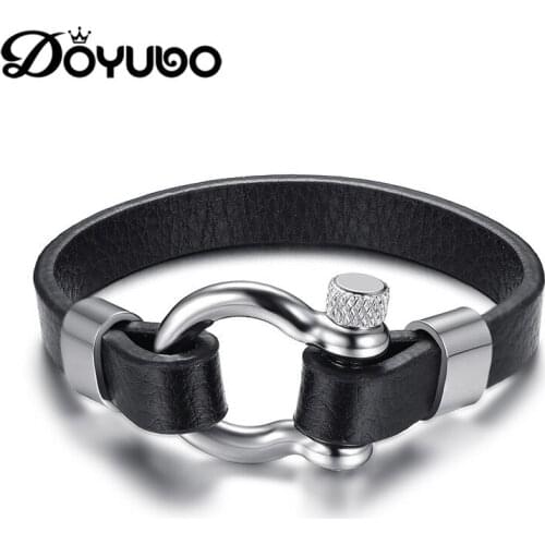 DOYUBO New Arrival Mens Black Microfiber Leather Bangles With European Design High Quality Male Stainless Steel Braclets DD054