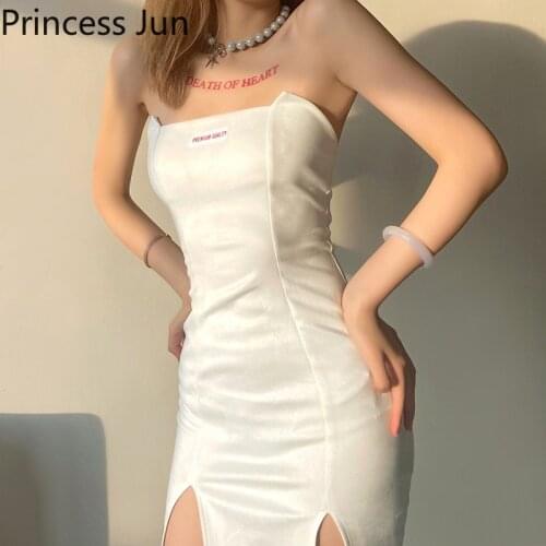 Letter Patch Slim Super Hot Sexy Dress 2021 New Women Slash Neck Strapless Mini Pencil Club Dress White One-piece Tube Dress