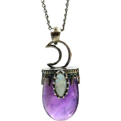 Natural Stone Necklace Women Long Chain Necklace Men Antique Silver Color Crown Half Moon Pendants Vintage Statement Jewelry