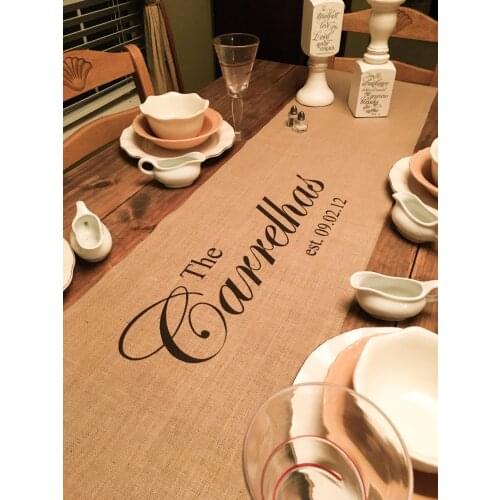Personalized Chritmas Gift Burlap Table Runner with a Name Est Date in Center of Runner Wedding Runner Housewarming Wedding Gift
