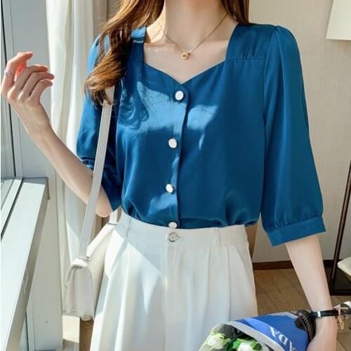 Satin Shirt Womens 2021 Summer Square Collar Short Sleeve Loose Slim Tops Ladies Solid Button Chiffon White Female Korean 0145