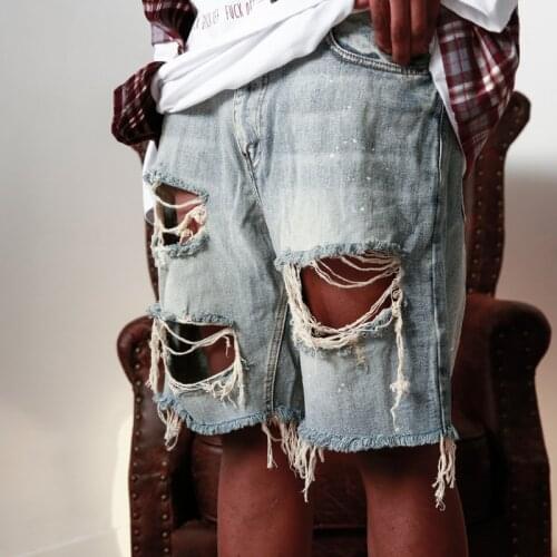 2021 New Summer Ripped Men Shorts Straight Loose Beggar Hole Denim Shorts High Street Hip Hop Male Shorts Jeans