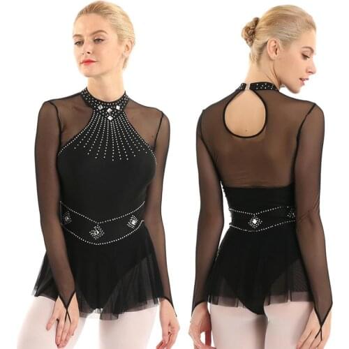 Adult Womens Rhinestones Ballerina Long Sleeve Mesh Splice Ballet Gymnastics Leotard Figure Ice Skating Dress Dance Costumes