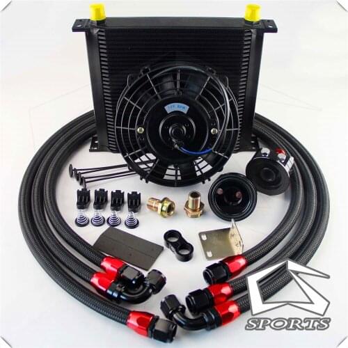 AN10 Universal 34 Row ENGINE FILTER RELOCATION Oil Cooler+7" Electric Fan Kit Black