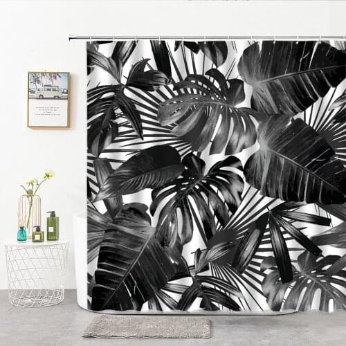 Plant Leaves Shower Curtains Black White Palm Leaf For Bathroom Decor Curtain Washable Fabric Customizable Size Bathroom Things