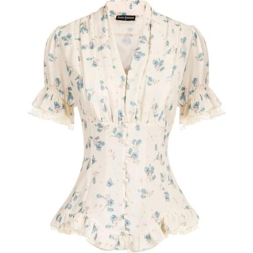 Womens Summer Steampunk Gothic Shirt Renaissance Floral Tops Clothes Short Sleeve V-Neck Buttons Elegant Ruffled Blouse