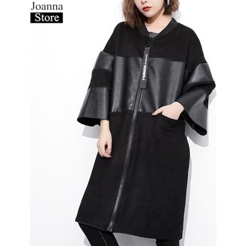 Autumn Women Pu Leather Spliced Long Seven-Quarter Sleeve Jacket Round Neck Oversized Black Casual Office Ladies Zipper Clothes