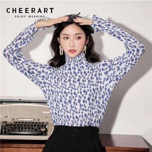 CHEERART Turtleneck Long Sleeve Top Fall 2020 Women Clothing Flare Sleeve T Shirt Ruched Blue Causal Tee Shirt Korean Fashion