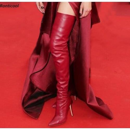 Ronticool Handmade Women Winter Thigh Boots Back Zipper Sexy Stiletto Heel Pointed Toe Gorgeous Red Club Shoes Us Size 5-15