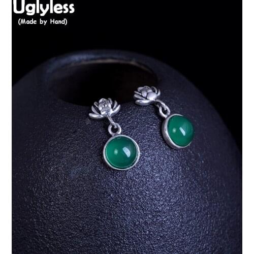 Uglyless 100% Real 925 Sterling Silver Lotus Thai Silver Stud Earrings for Women Chalcedony Studs Ethnic Brincos Fine Jewelry